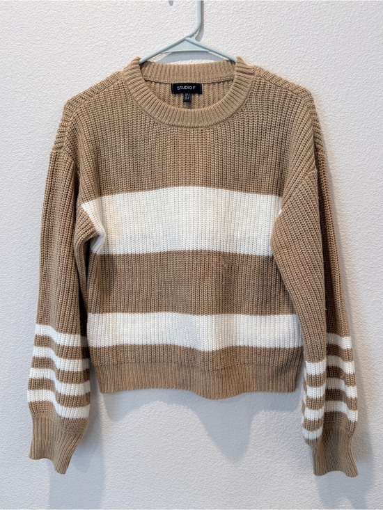 Studio F Sweaters - Chunky Knit Striped Sweater 4 Coastal Grandmother Old Money Neutral Camel/Ivory